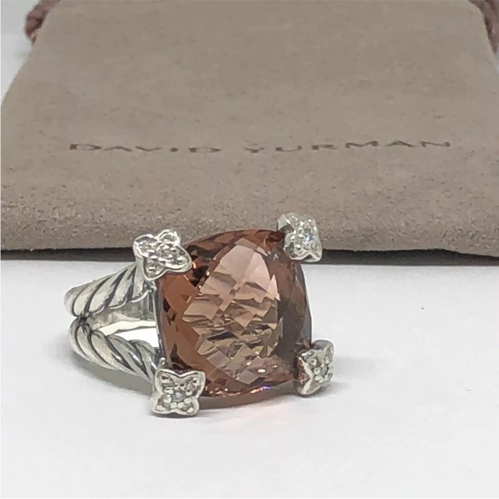 David Yurman Morganite Cushion On Point Diamond Ring Size 7 2200$